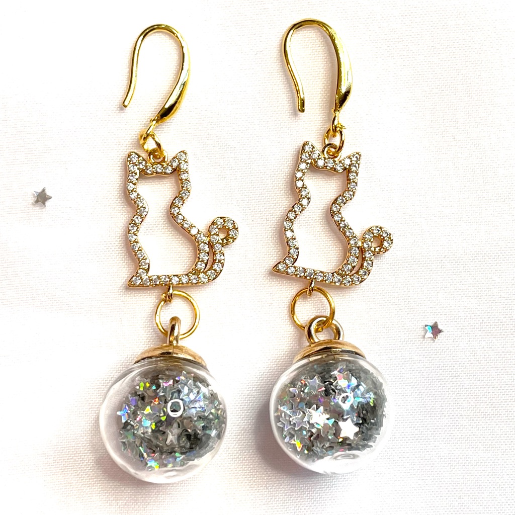Gold Cat Silhouette Earrings With Silver Glitter